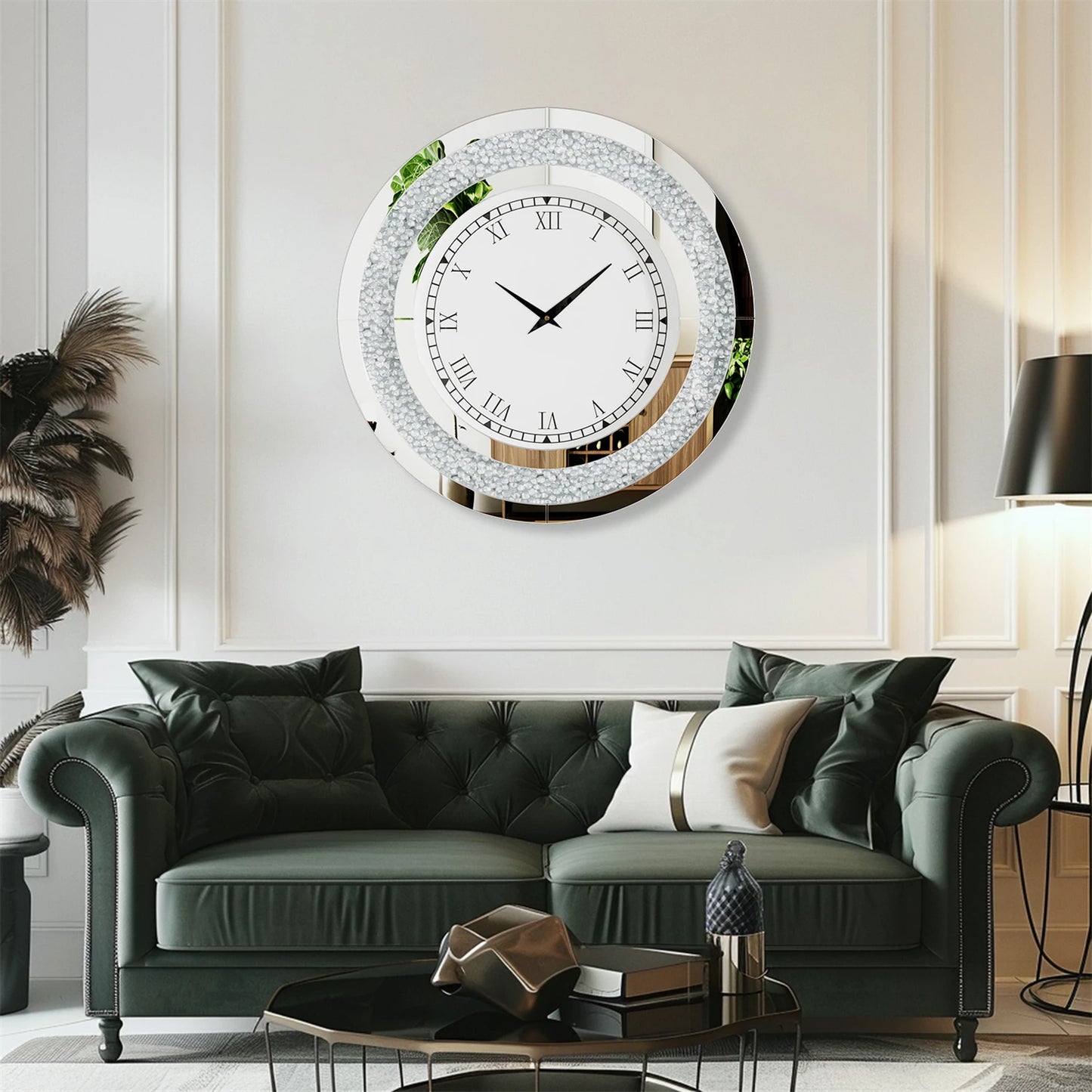 Silver Round Mirror Sparkle Modern Wall Clock for Living Room