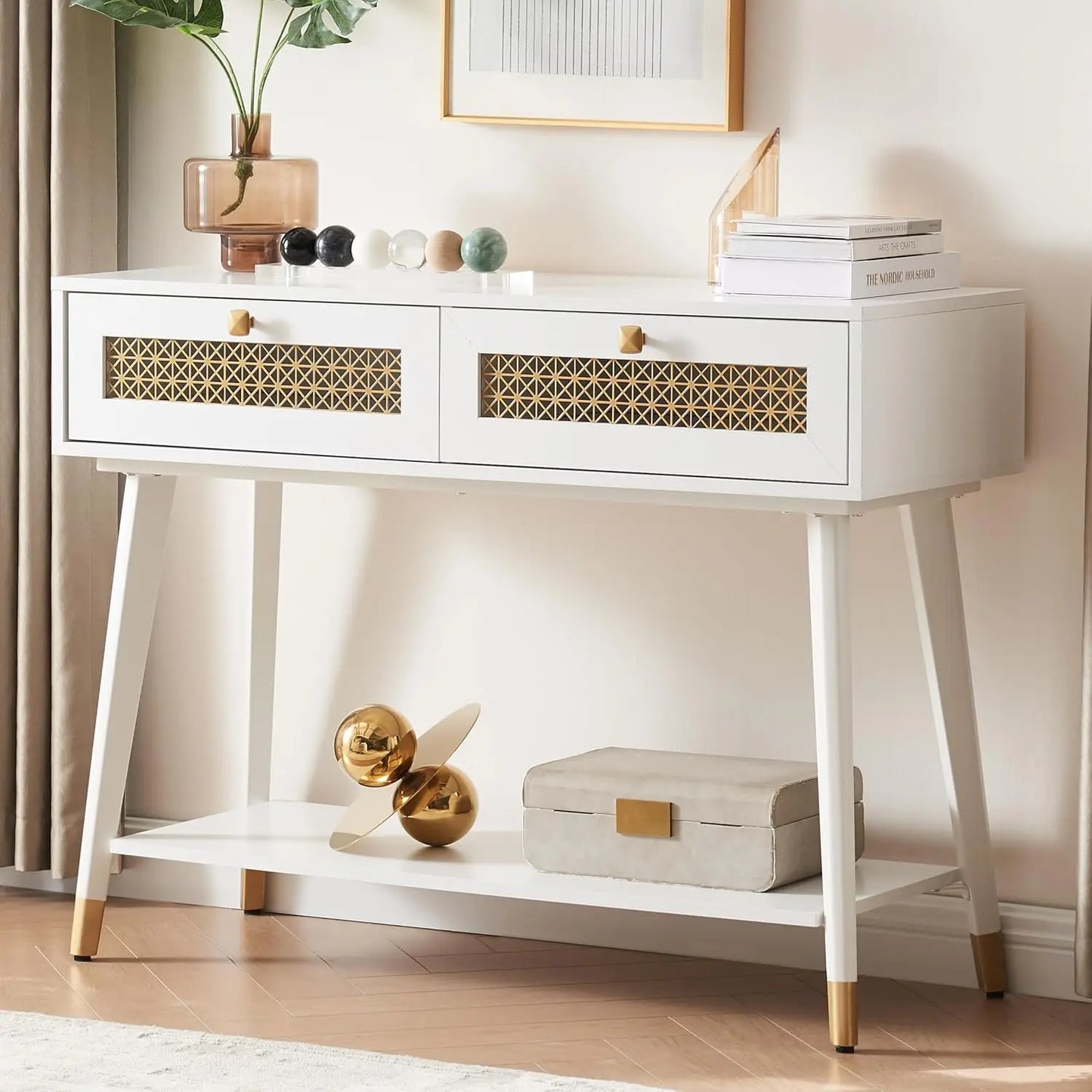 Mid Century Modern Console Table with Two Drawers and Open Shelf Narrow Wood Entryway Table for Living Room Hallway Bedroom