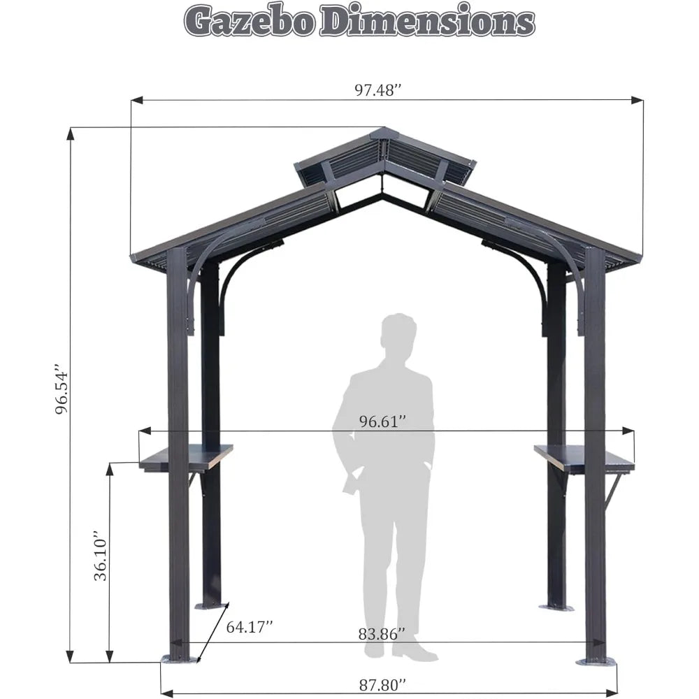 8x5FT Hardtop Grill Gazebo, All-Weather Outdoor Gazebo with 2 Side Shelves and Ceiling Hook, Galvanized Steel Double Roof