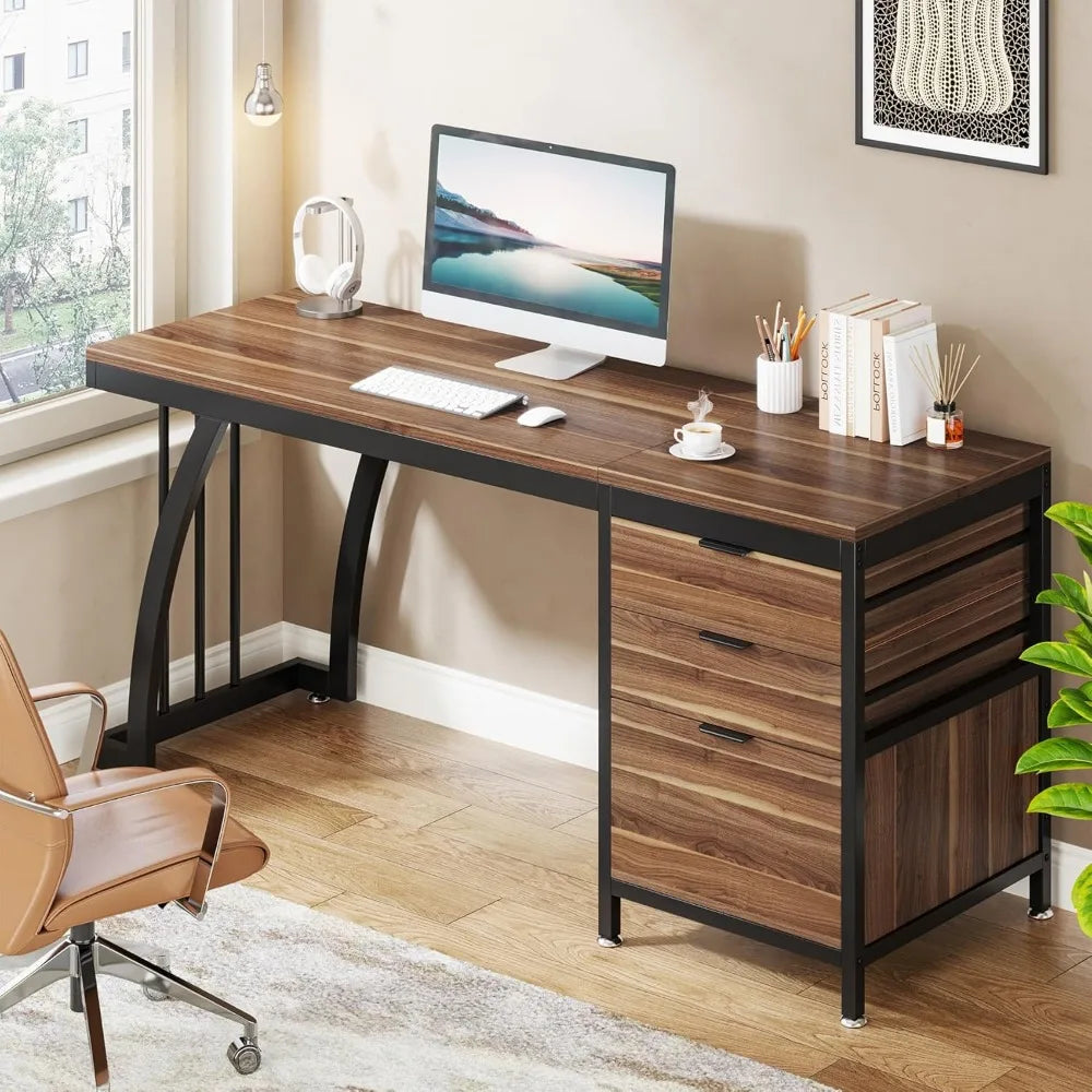 59-Inch PC Desk with Reversible Drawers, Industrial Study Writing Table Workstation