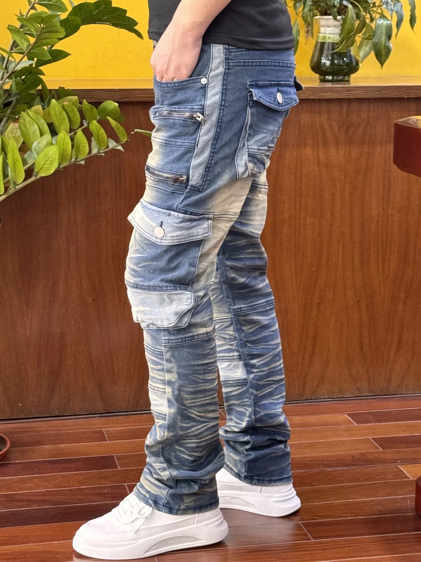 Men's stretch denim pants, multi-pocket design, 4 decorative zippers
