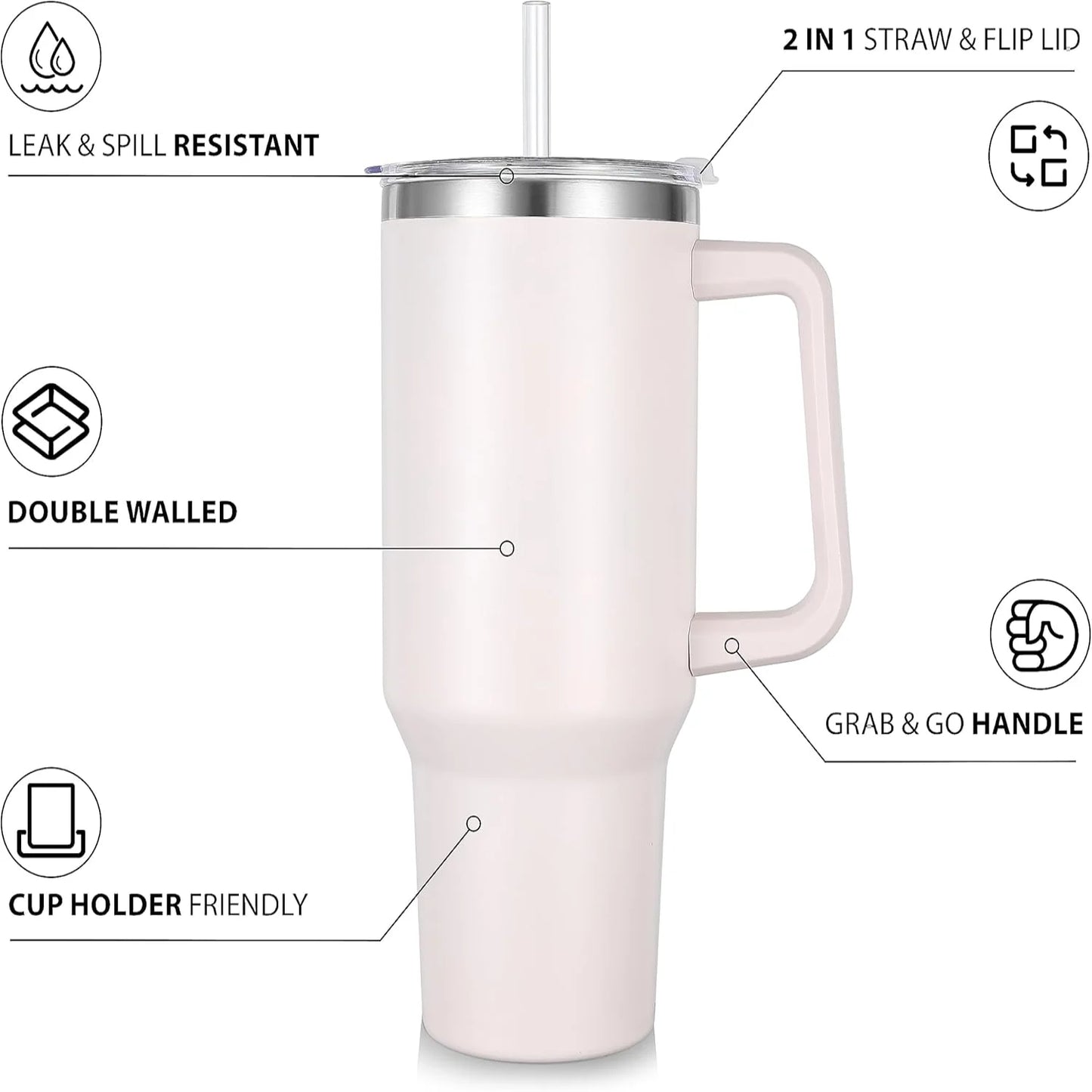 40 oz Insulated Tumbler with Handle and Straw