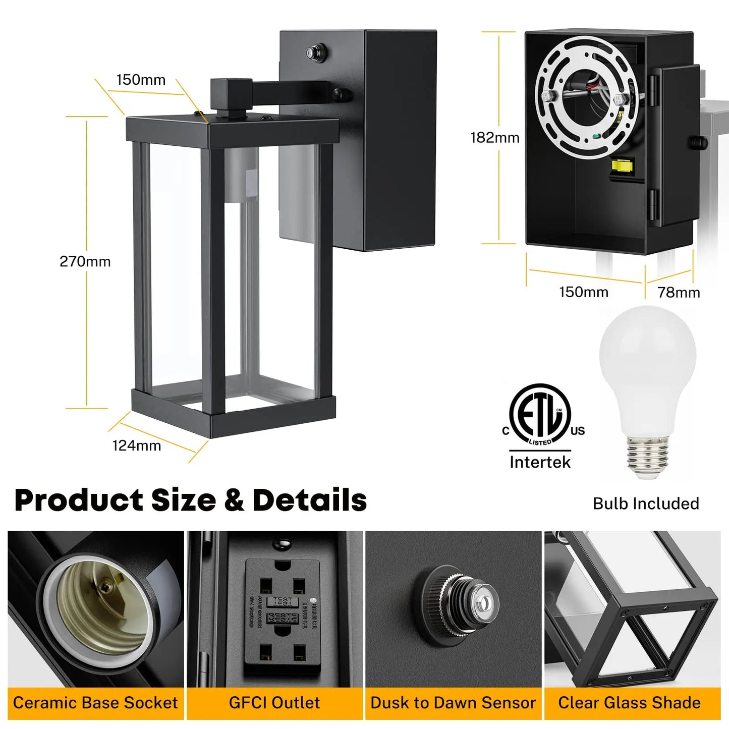 Outdoor Porch Lights with Outlet, Dusk to Dawn Porch Light Wall Light Fixture Waterproof Outdoor GFCI Outlet Outside Porch Wall