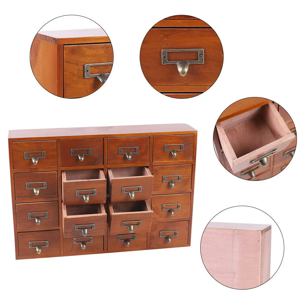 Vintage Library Desk Drawer Organizer Wooden Storage Box With 16 Drawers