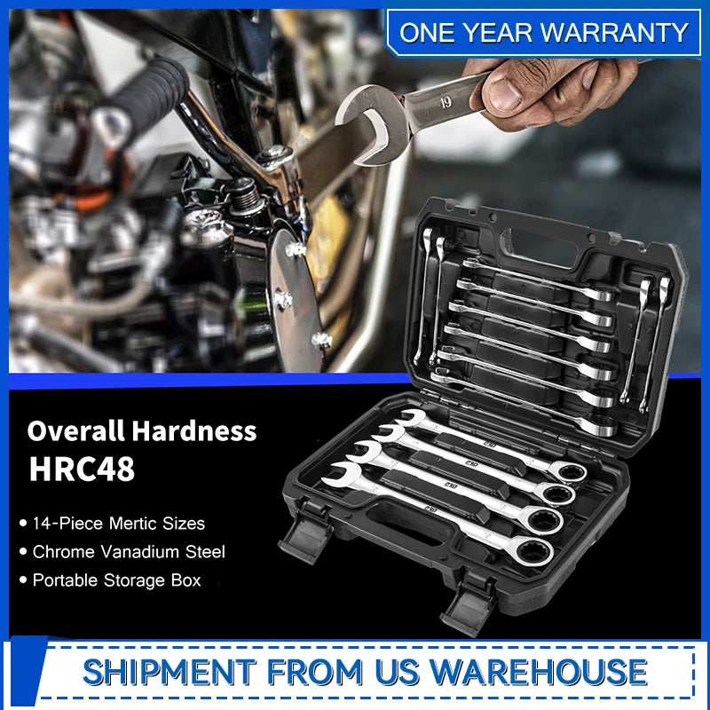 14 Piece Non-Adjustable Ratchet Wrench Set 6-19mm Metric Chrome