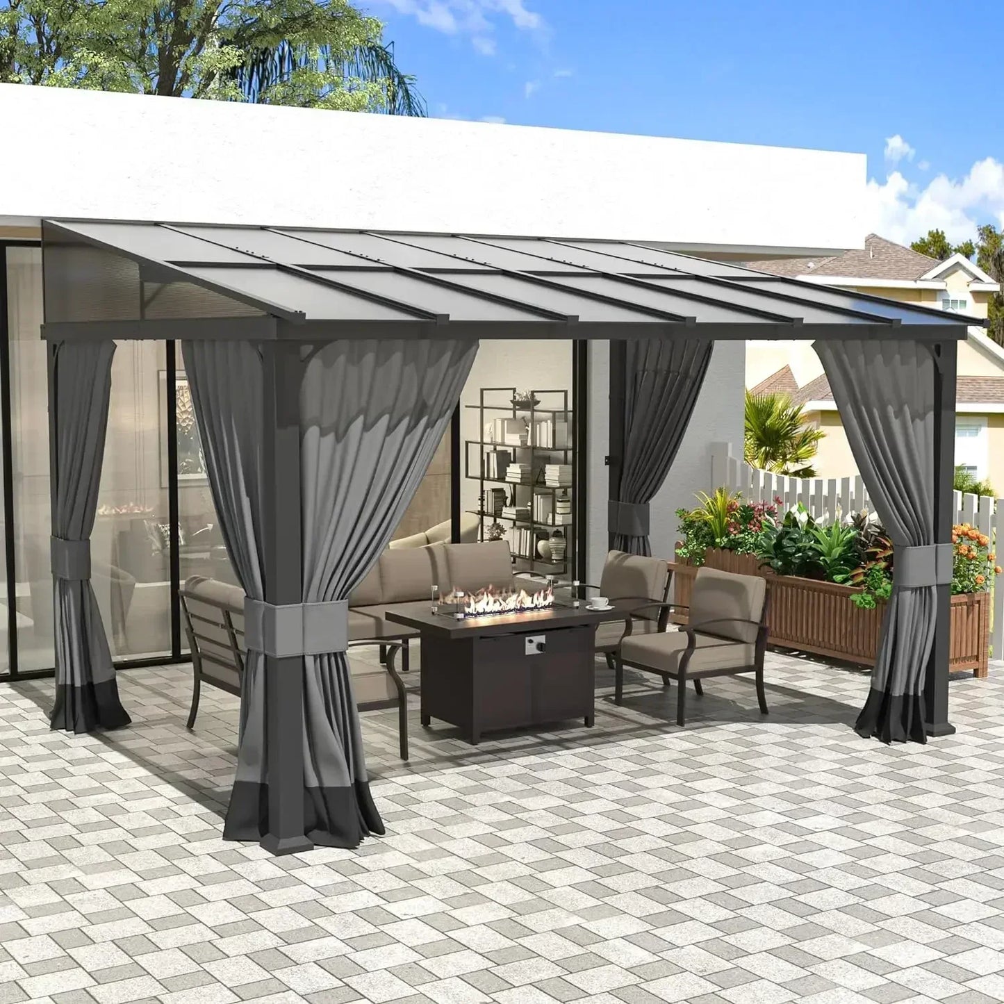 Outdoor Gazebo, Hardtop Wall Mounted Gazebos with Sloping Sun Panel Roof, Double Curtains, Gazebo
