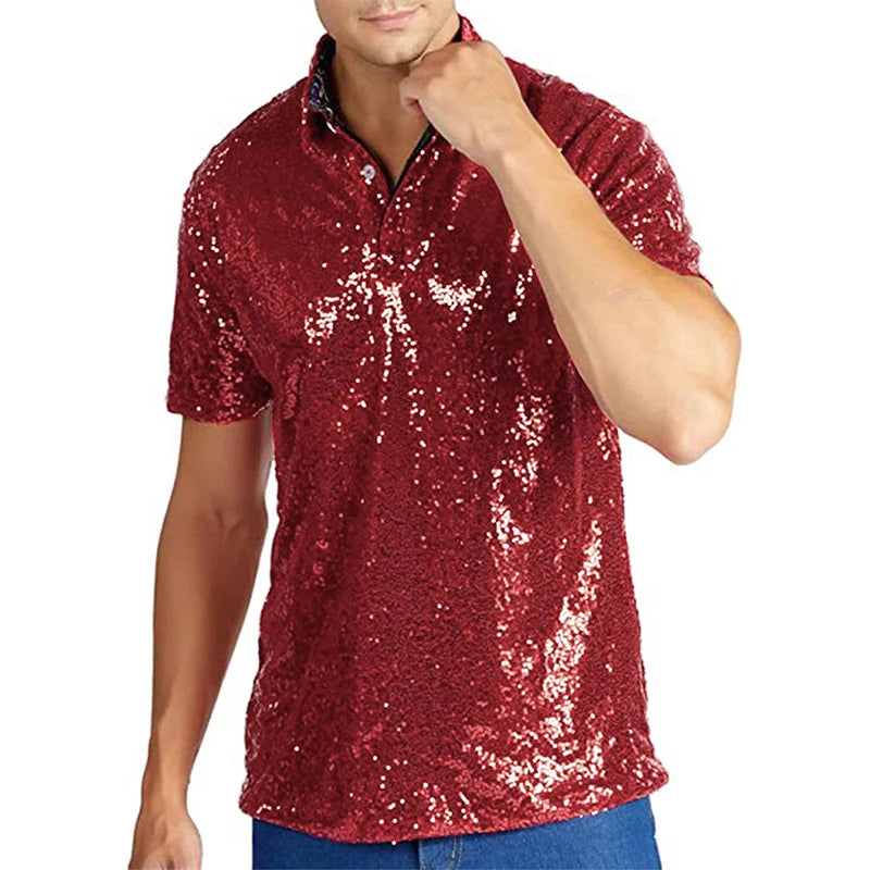 Men Sparkle Sequins Vintage Summer Shirt Casual