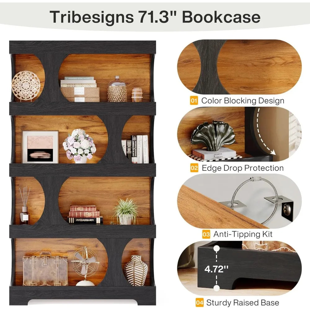 71 Inch Tall Bookcase Set of 2 Modern Wood Display Shelves