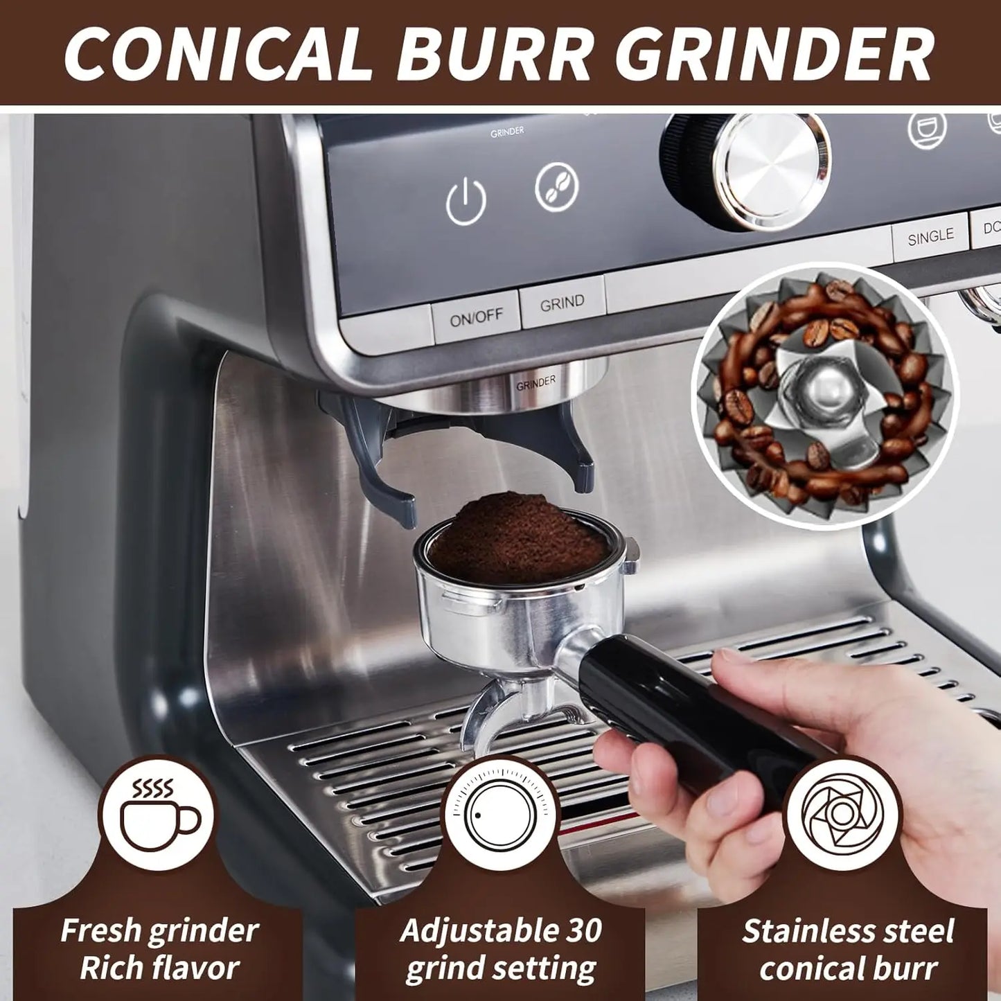 Espresso Machine with Grinder and Milk Froth Steam Wand Stainless Steel 16 Cups