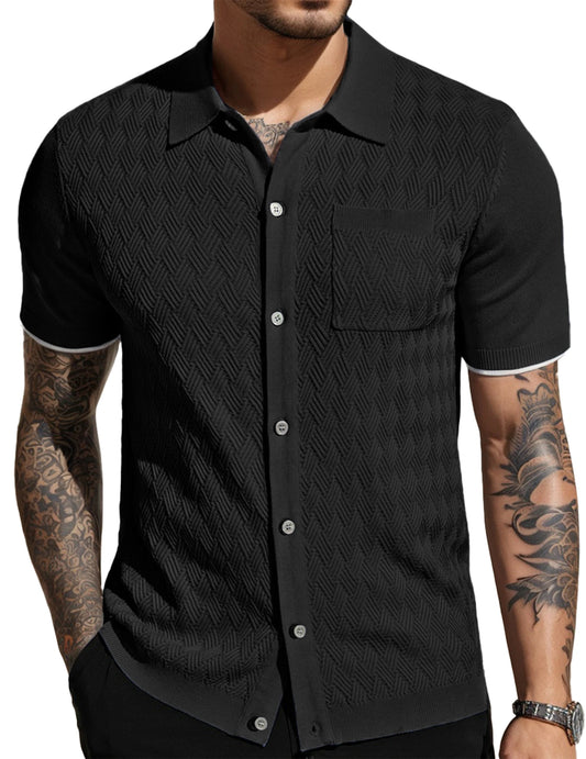 Men's Casual Short Sleeve Knit Textured Button Polo Shirt
