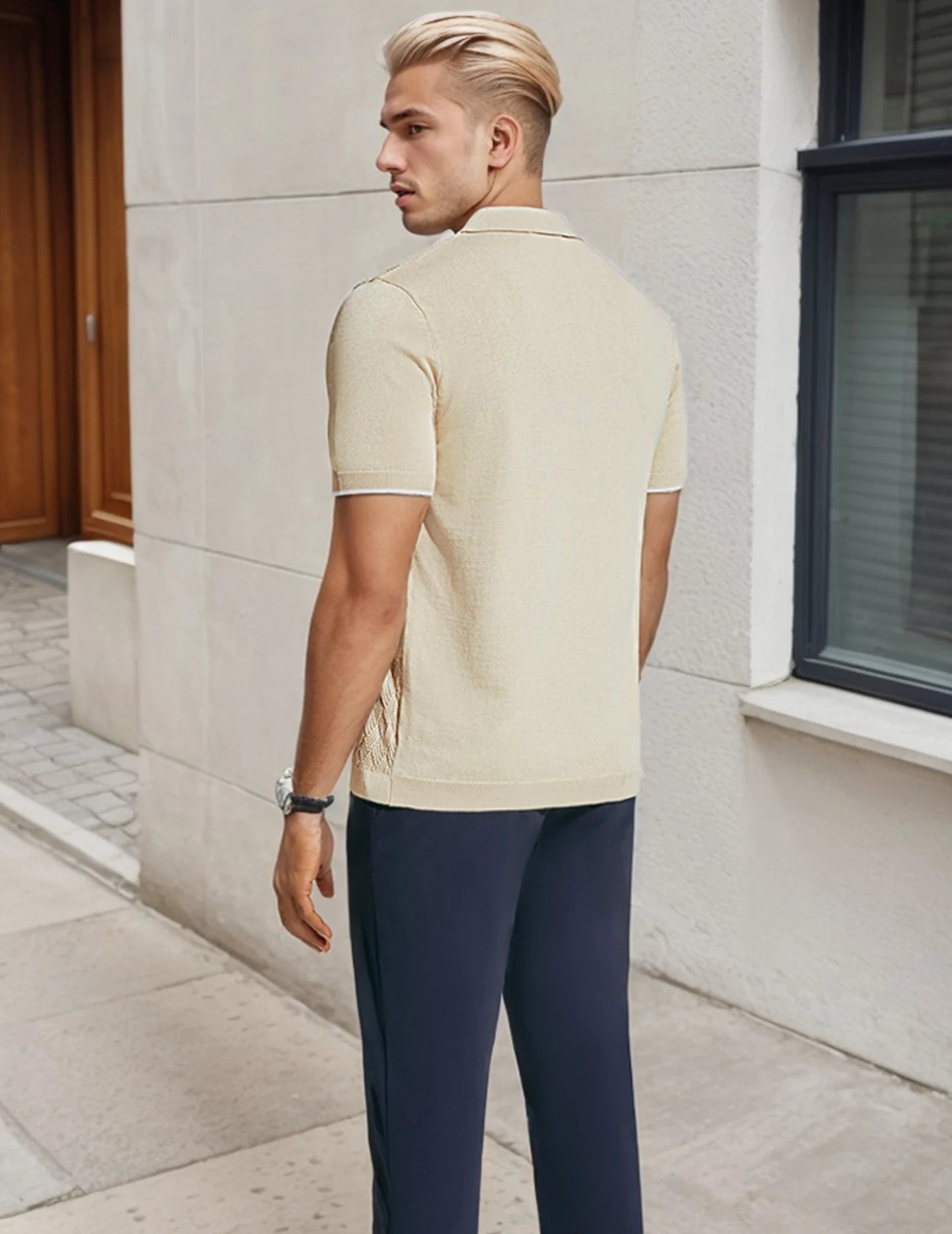 Men's Casual Short Sleeve Knit Textured Button Polo Shirt