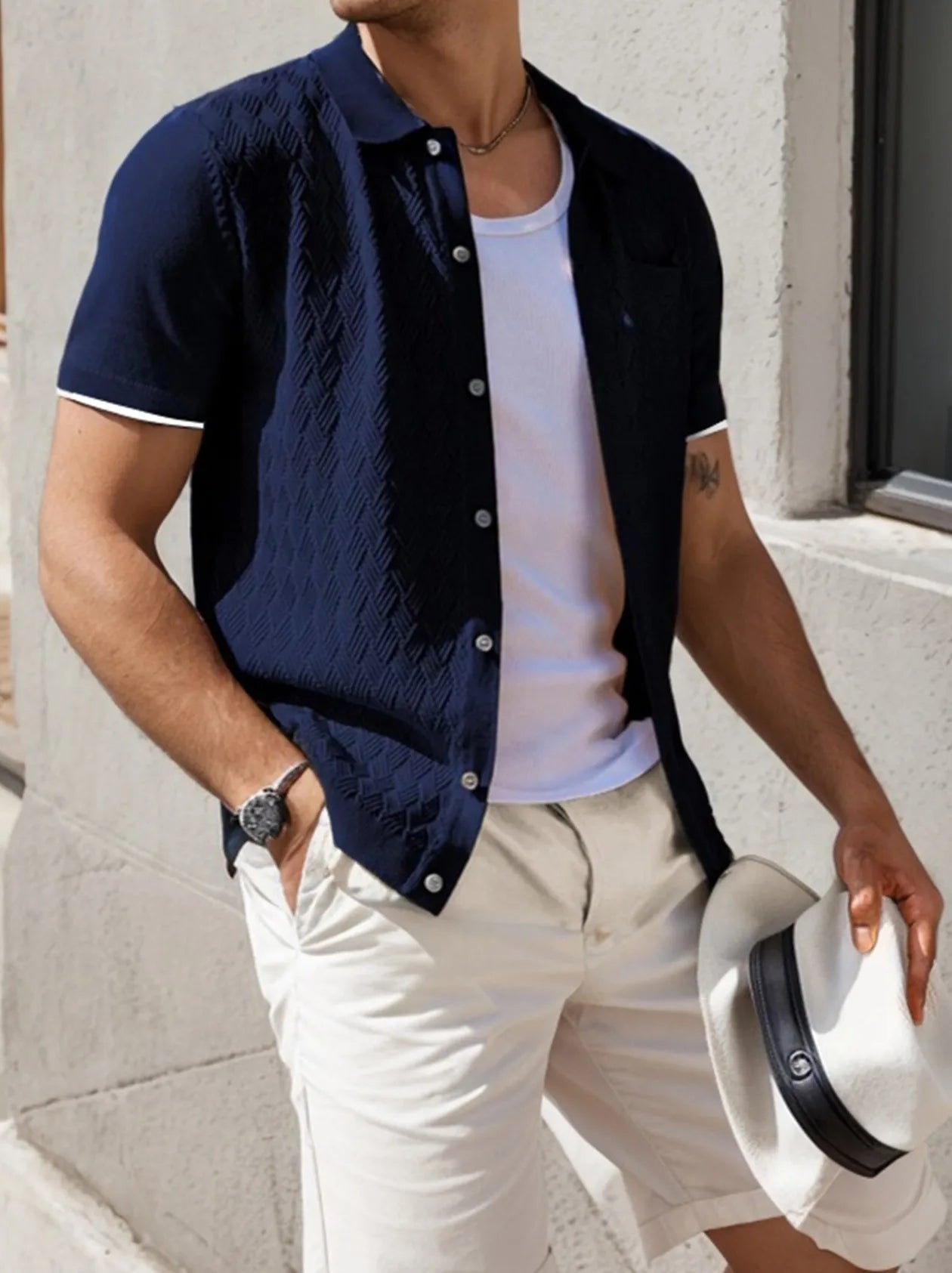 Men's Casual Short Sleeve Knit Textured Button Polo Shirt