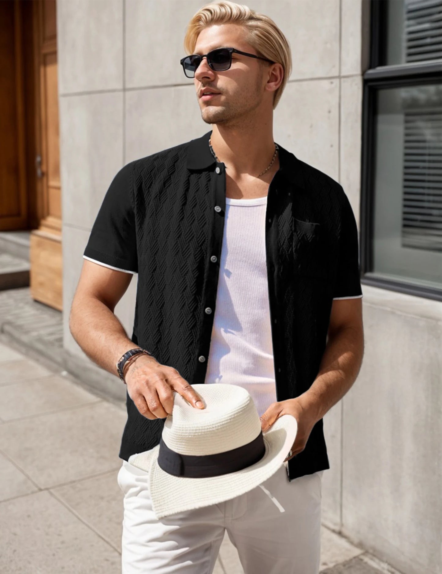 Men's Casual Short Sleeve Knit Textured Button Polo Shirt