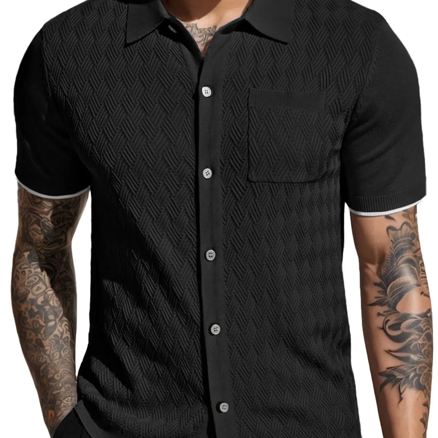 Men's Casual Short Sleeve Knit Textured Button Polo Shirt