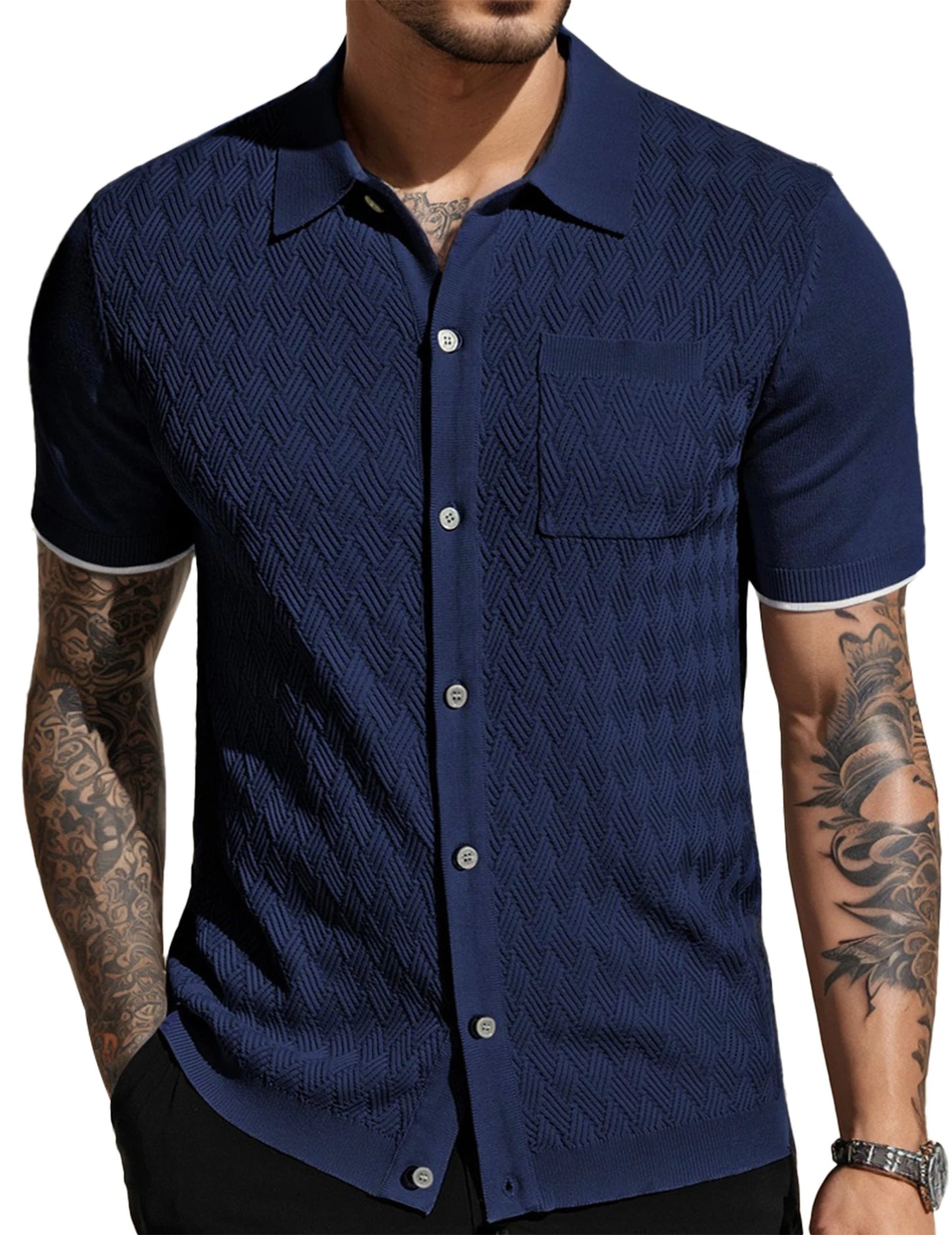 Men's Casual Short Sleeve Knit Textured Button Polo Shirt