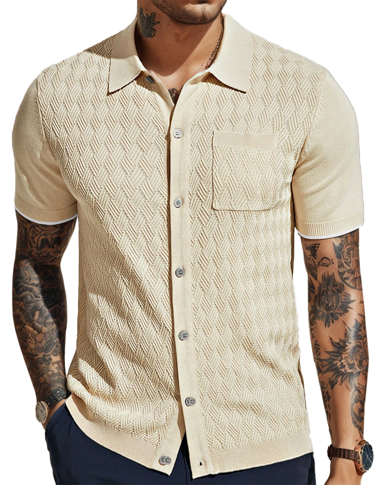 Men's Casual Short Sleeve Knit Textured Button Polo Shirt