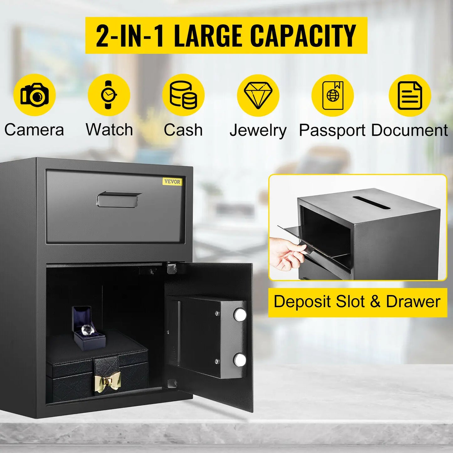 VEVOR Electronic Safe Deposit Box with Drop Slot Secret Hidden Piggy Bank Security Digital Access and Two Keys for Storing Money and Guns
