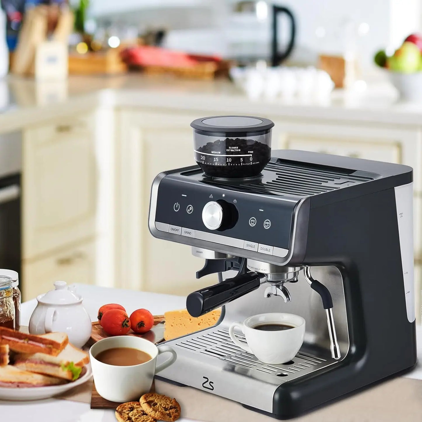 Espresso Machine with Grinder and Milk Froth Steam Wand Stainless Steel 16 Cups