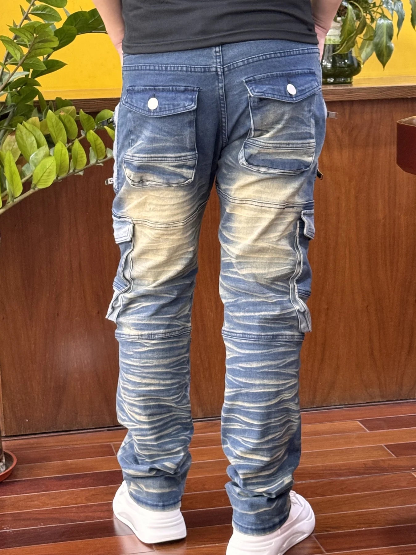 Men's stretch denim pants, multi-pocket design, 4 decorative zippers