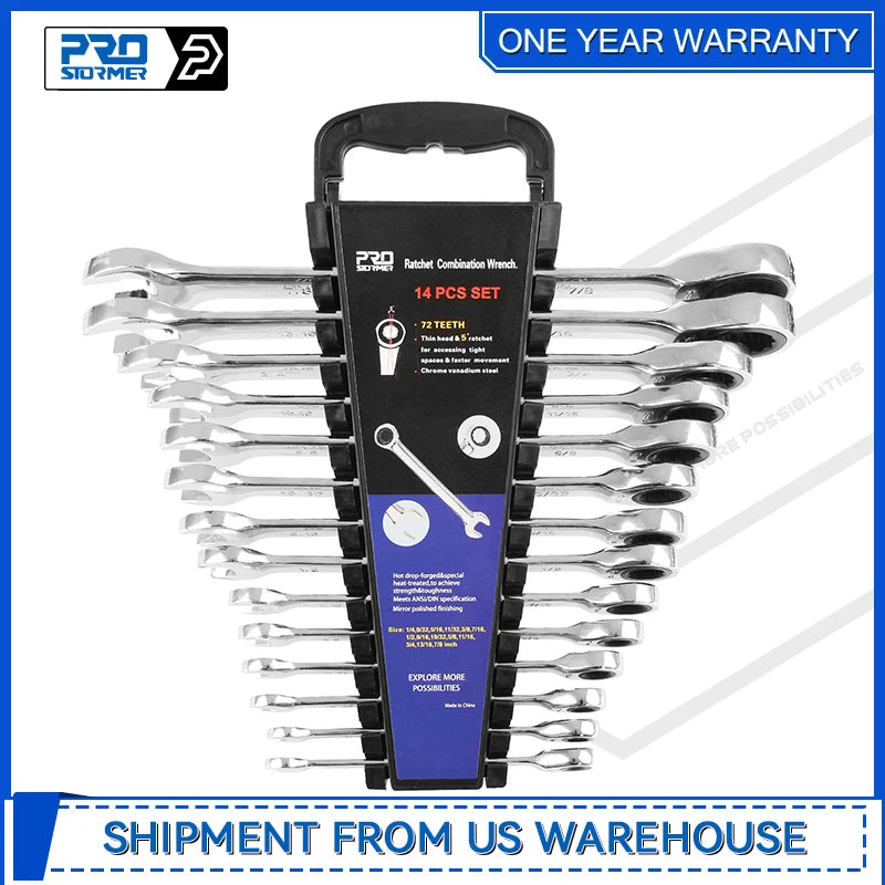 14-Piece Ratcheting Wrench Set SAE 1/4”-7/8” Chrome Vanadium Steel