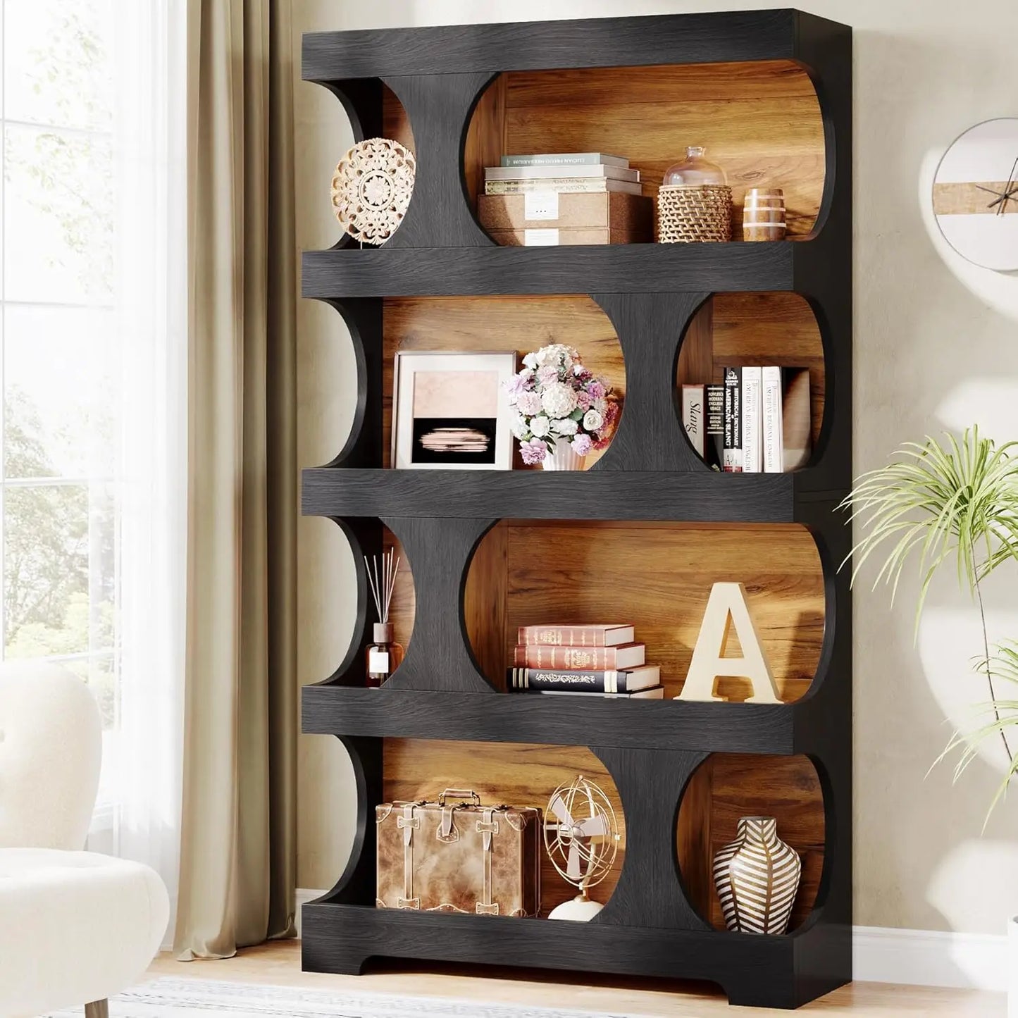 71 Inch Tall Bookcase Set of 2 Modern Wood Display Shelves