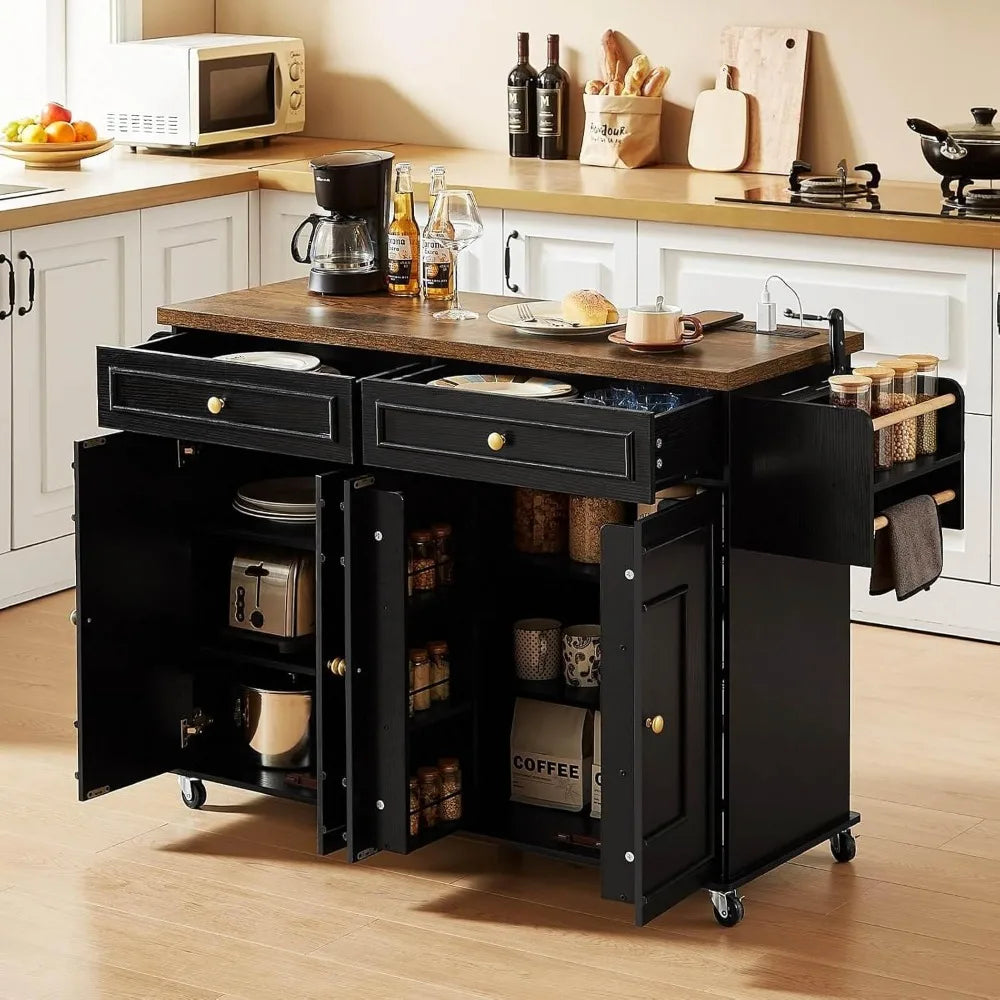 58 Inch Mobile Kitchen Island Cart with Power Outlet and Adjustable Shelves