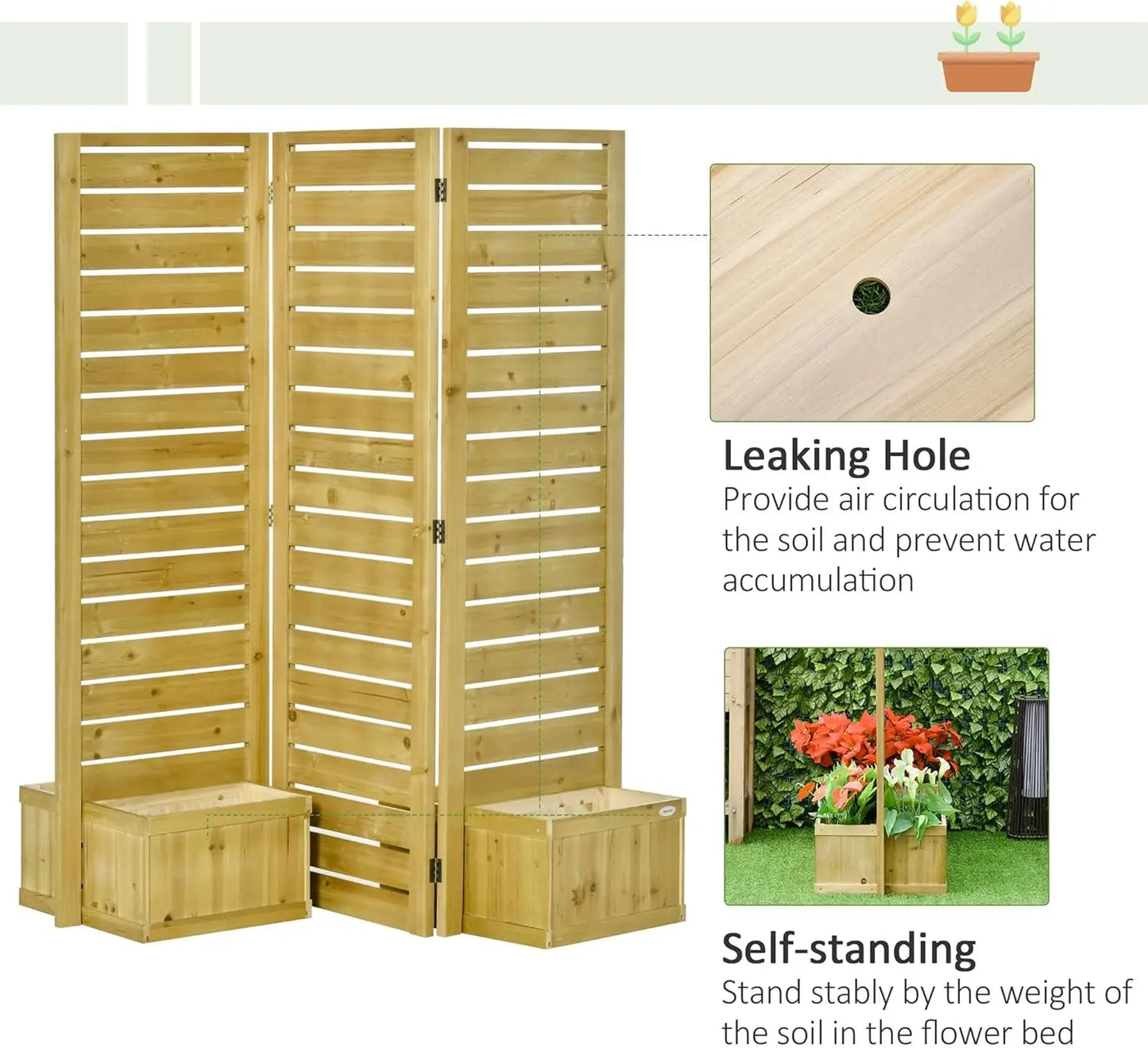 Outsunny Freestanding Outdoor Privacy Screen, 4 Self-Draining Planters/Raised Garden Beds