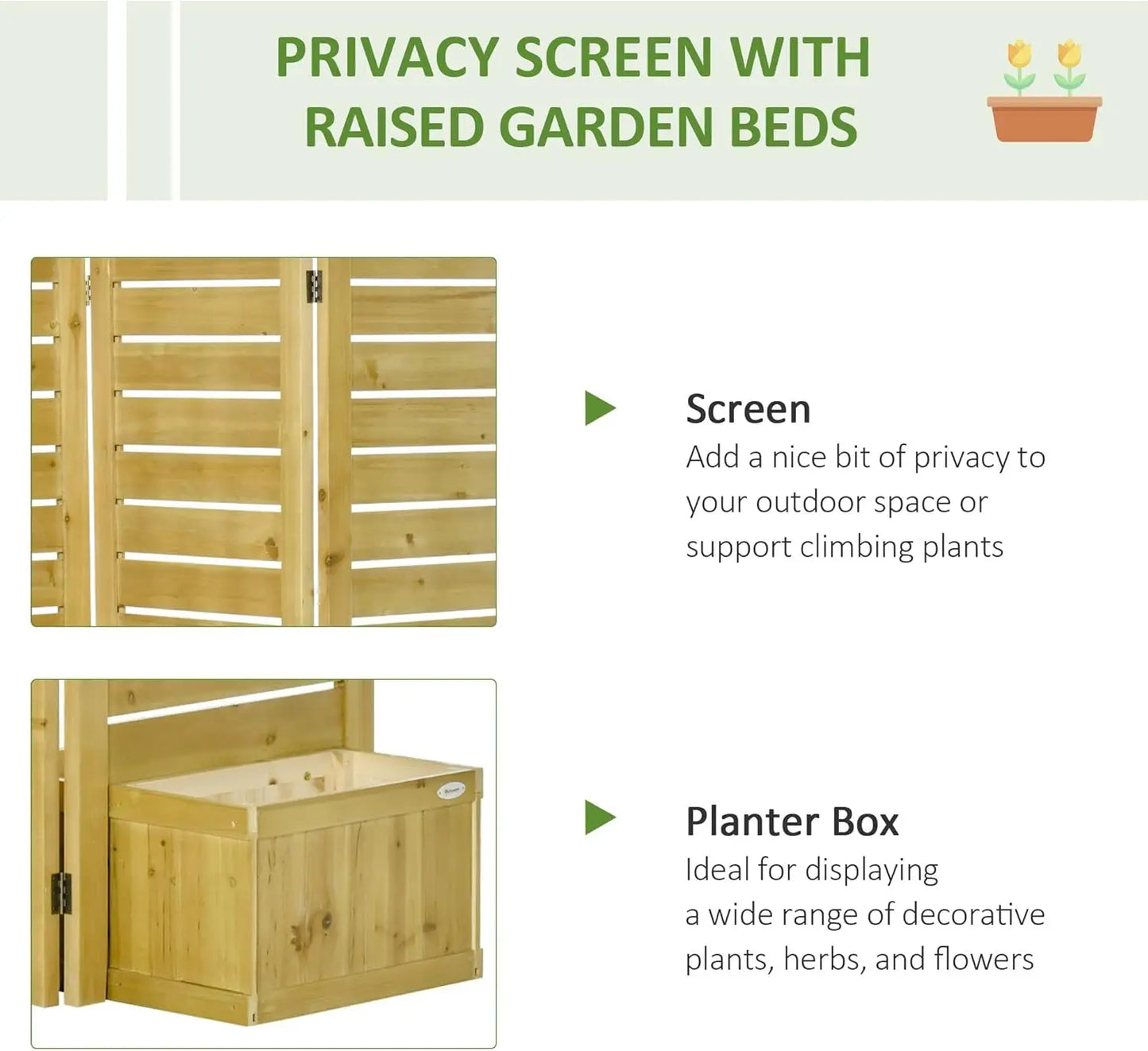 Outsunny Freestanding Outdoor Privacy Screen, 4 Self-Draining Planters/Raised Garden Beds
