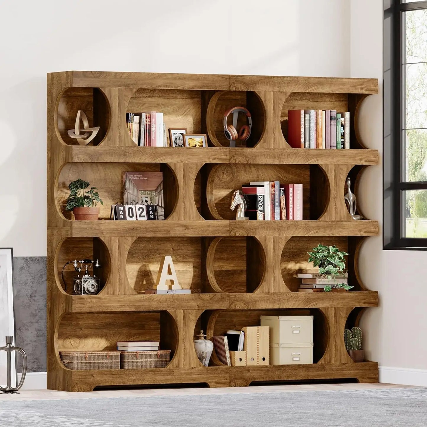 71 Inch Tall Bookcase Set of 2 Modern Wood Display Shelves