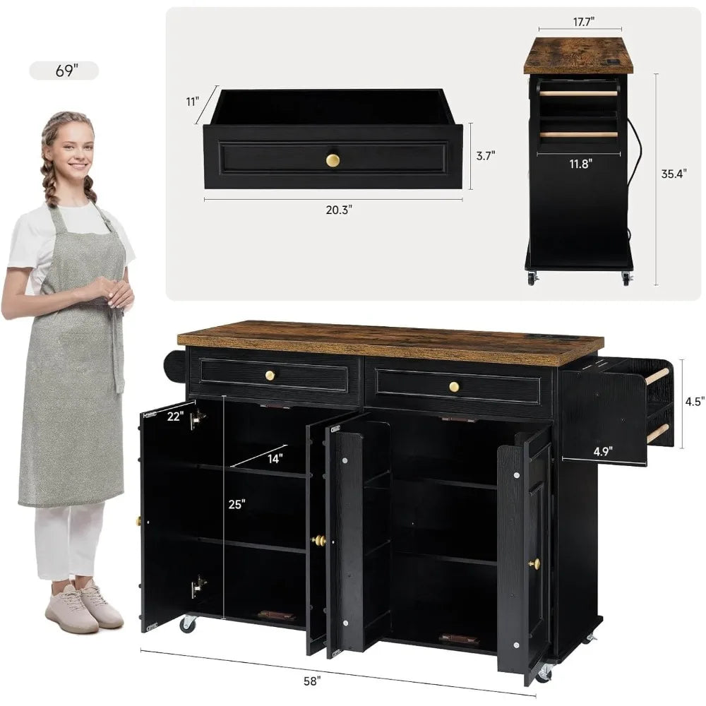 58 Inch Mobile Kitchen Island Cart with Power Outlet and Adjustable Shelves