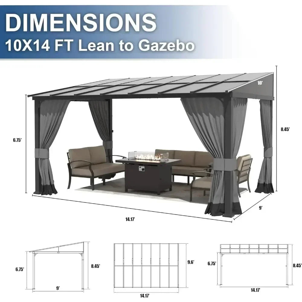 Outdoor Gazebo, Hardtop Wall Mounted Gazebos with Sloping Sun Panel Roof, Double Curtains, Gazebo