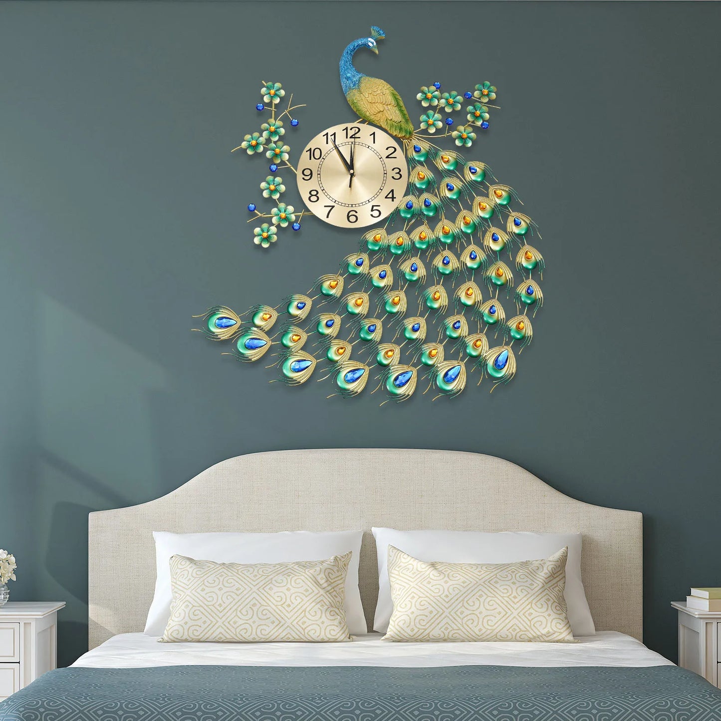 Luxury Peacock Wall Clock Metal 3D Art Decoration for Living Room