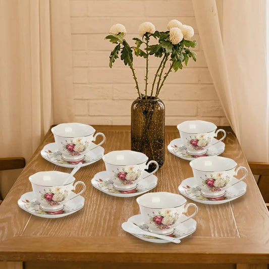 6 Floral Tea Cup Sets with Gold Trim, and Spoons