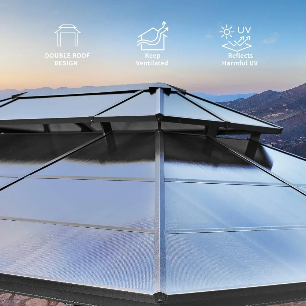 10'x13' Hardtop Gazebo, Polycarbonate Double Roof Canopy, Aluminum Frame Permanent Pavilion with Curtains and Netting, Sunshade