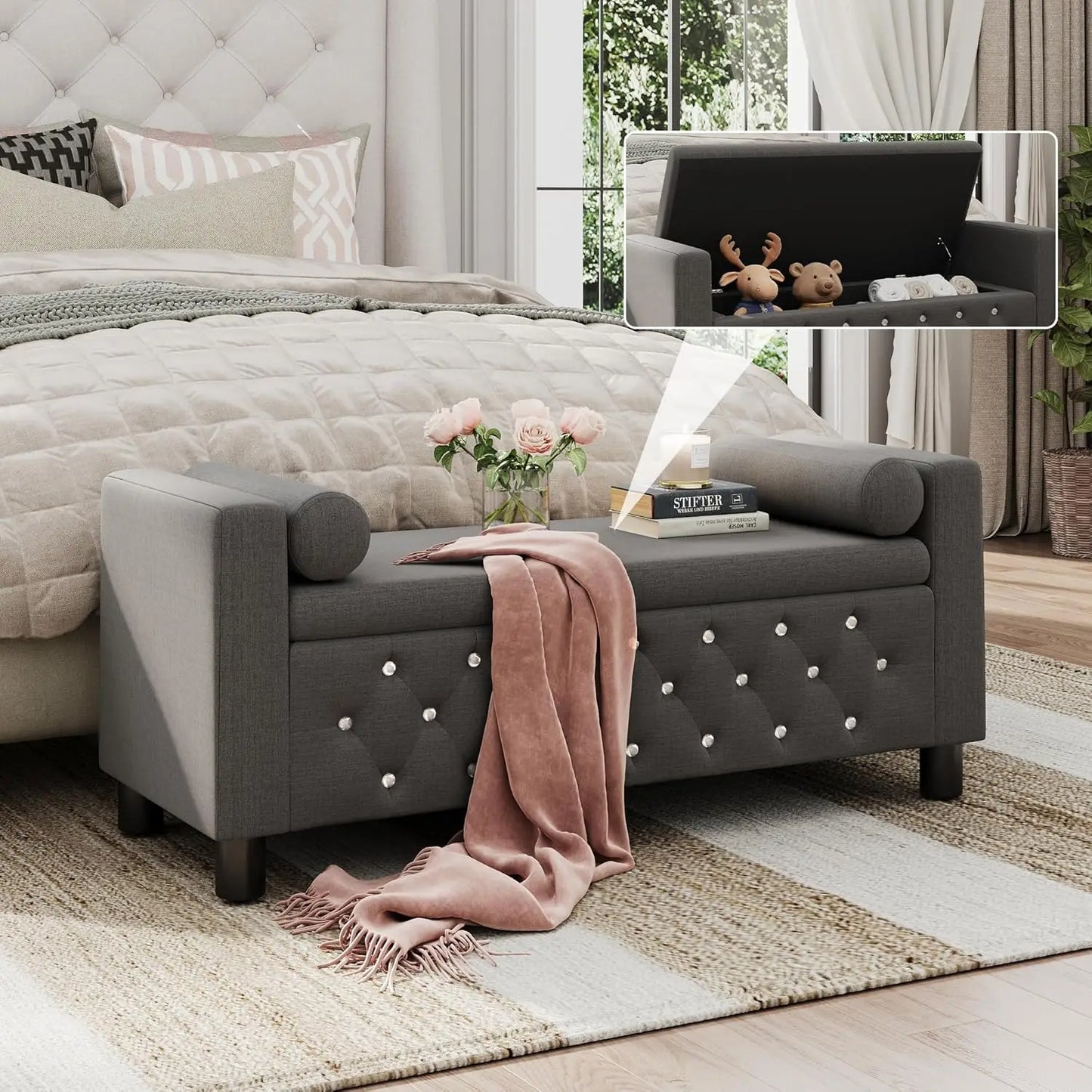 55'' Ottoman Storage Bench Linen Upholstered