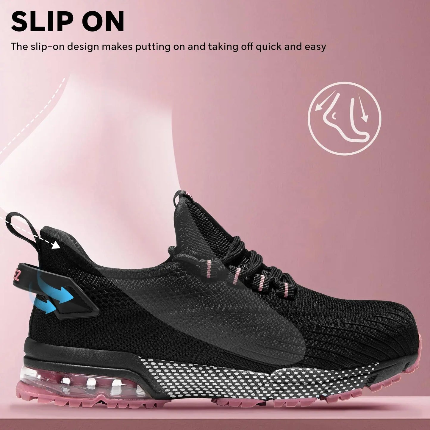 SPIEZ Safety Shoes for Women,Lightweight Non Slip Work Shoes,Air Cushion Safety Sneakers for Work and Daily Wear Black/Pink