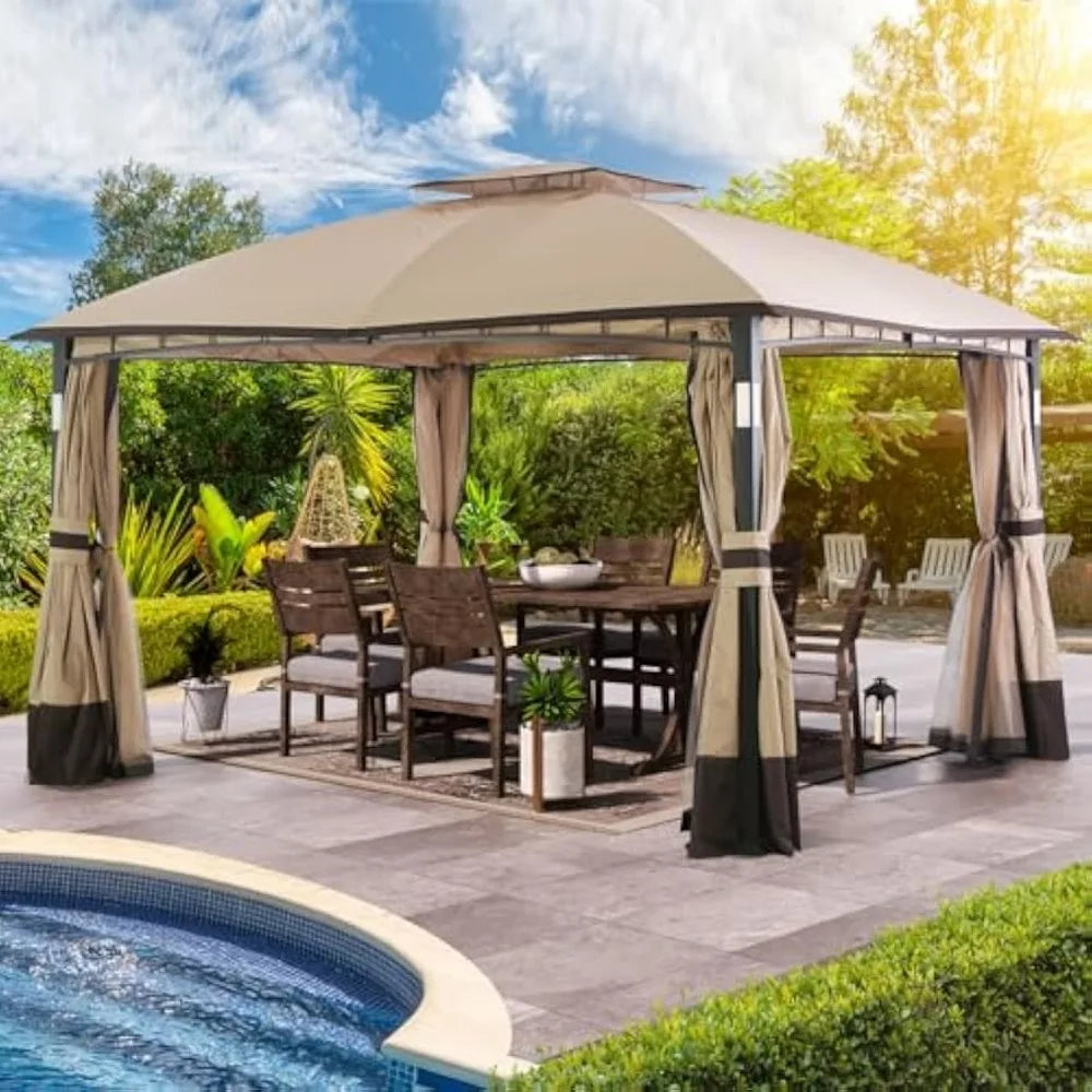 Patio Gazebo 11'x13' with LED Lights, Heavy Duty Outdoor Canopy Shelter with Stable Metal Frame, Double Roofs, Netting