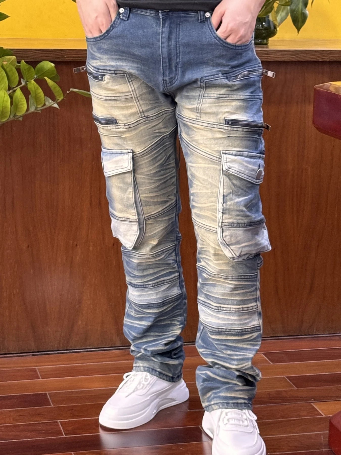 Men's stretch denim pants, multi-pocket design, 4 decorative zippers