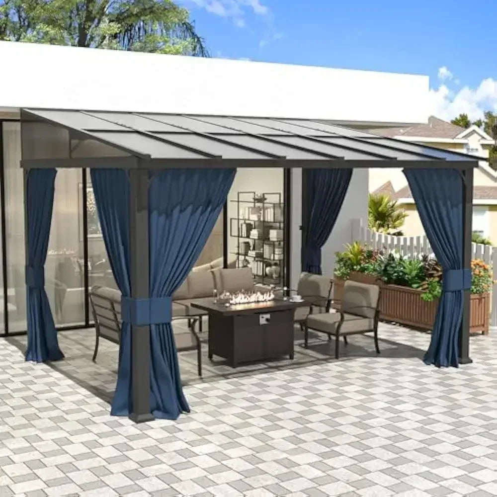 Outdoor Gazebo, Hardtop Wall Mounted Gazebos with Sloping Sun Panel Roof, Double Curtains, Gazebo