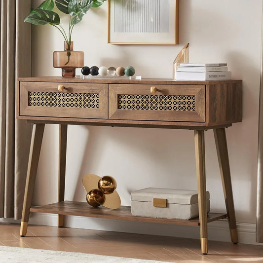 Mid Century Modern Console Table with Two Drawers and Open Shelf Narrow Wood Entryway Table for Living Room Hallway Bedroom