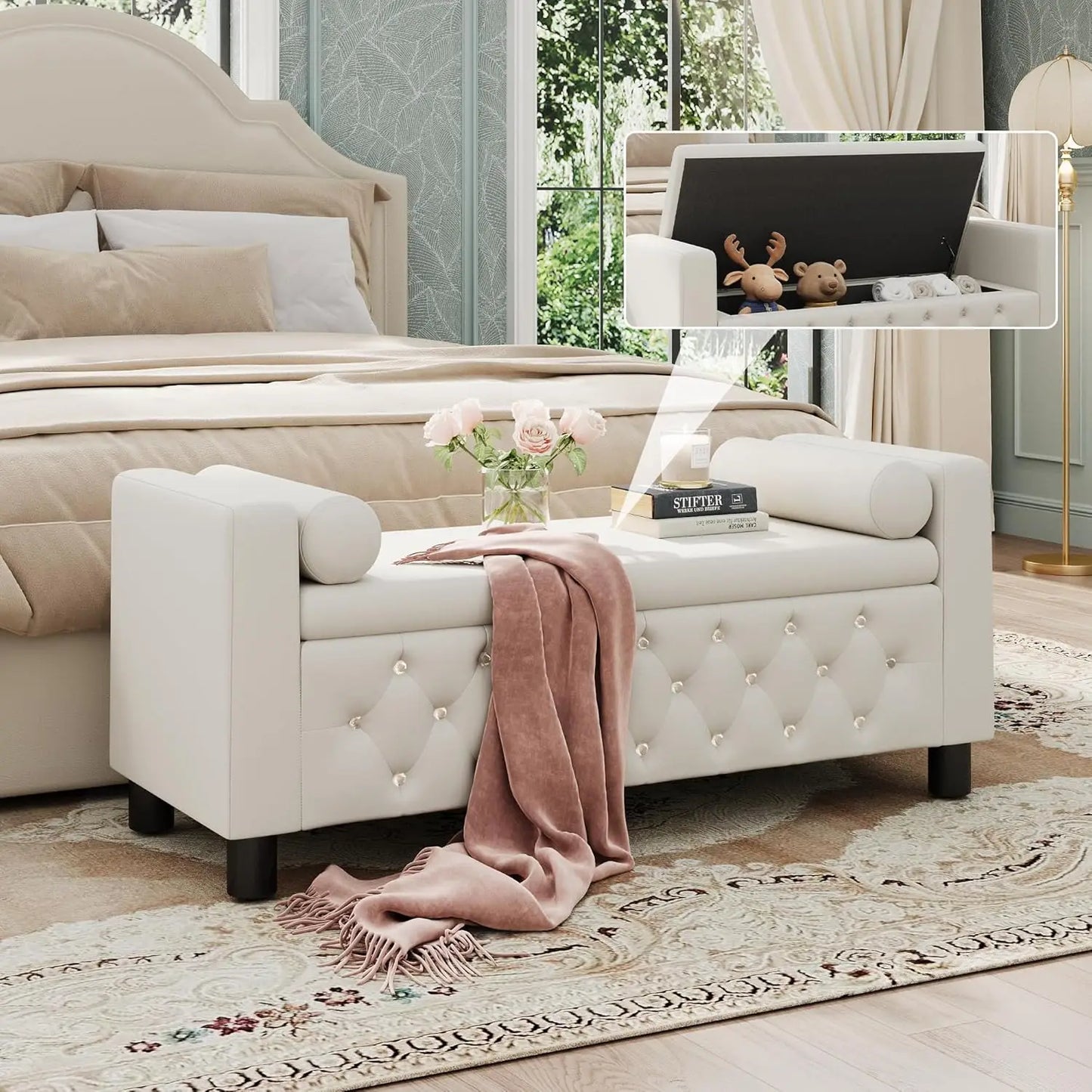 55'' Ottoman Storage Bench Linen Upholstered