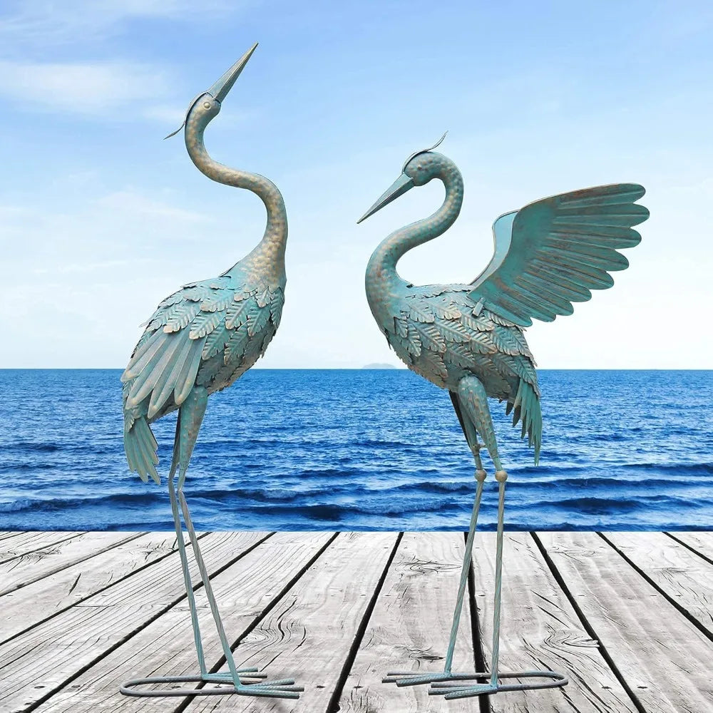 33-37 Inch Metal Crane Garden Sculpture 2-piece Set