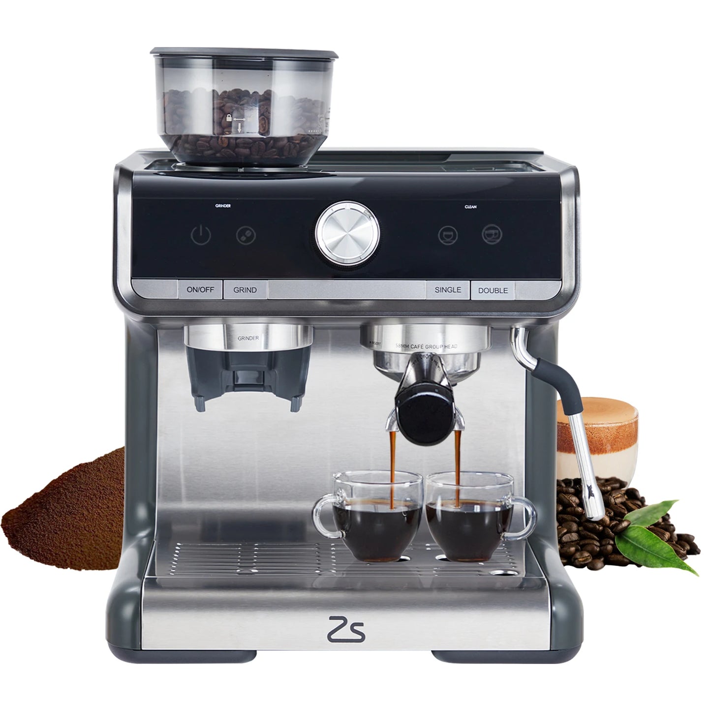 Espresso Machine with Grinder and Milk Froth Steam Wand Stainless Steel 16 Cups