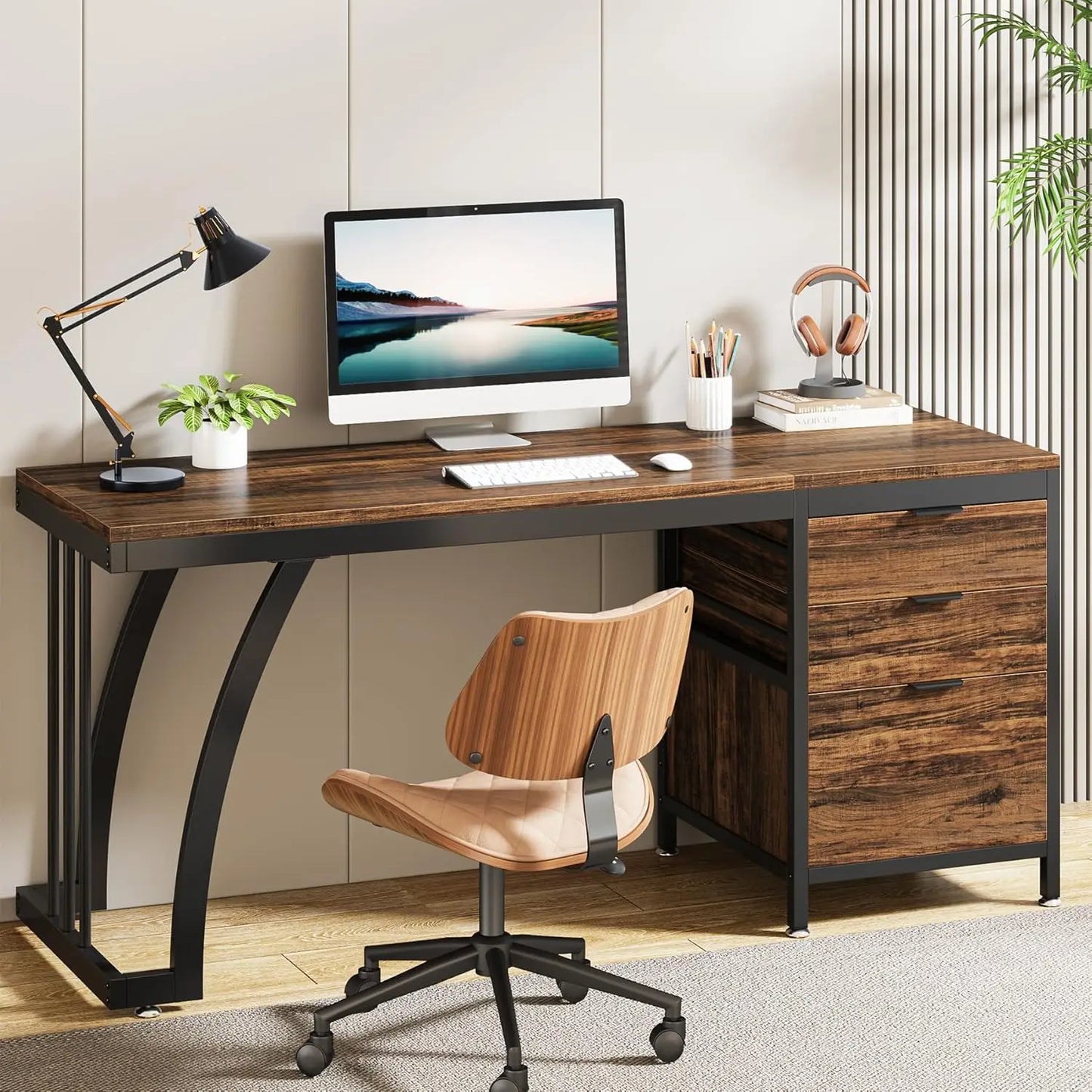 59-Inch PC Desk with Reversible Drawers, Industrial Study Writing Table Workstation