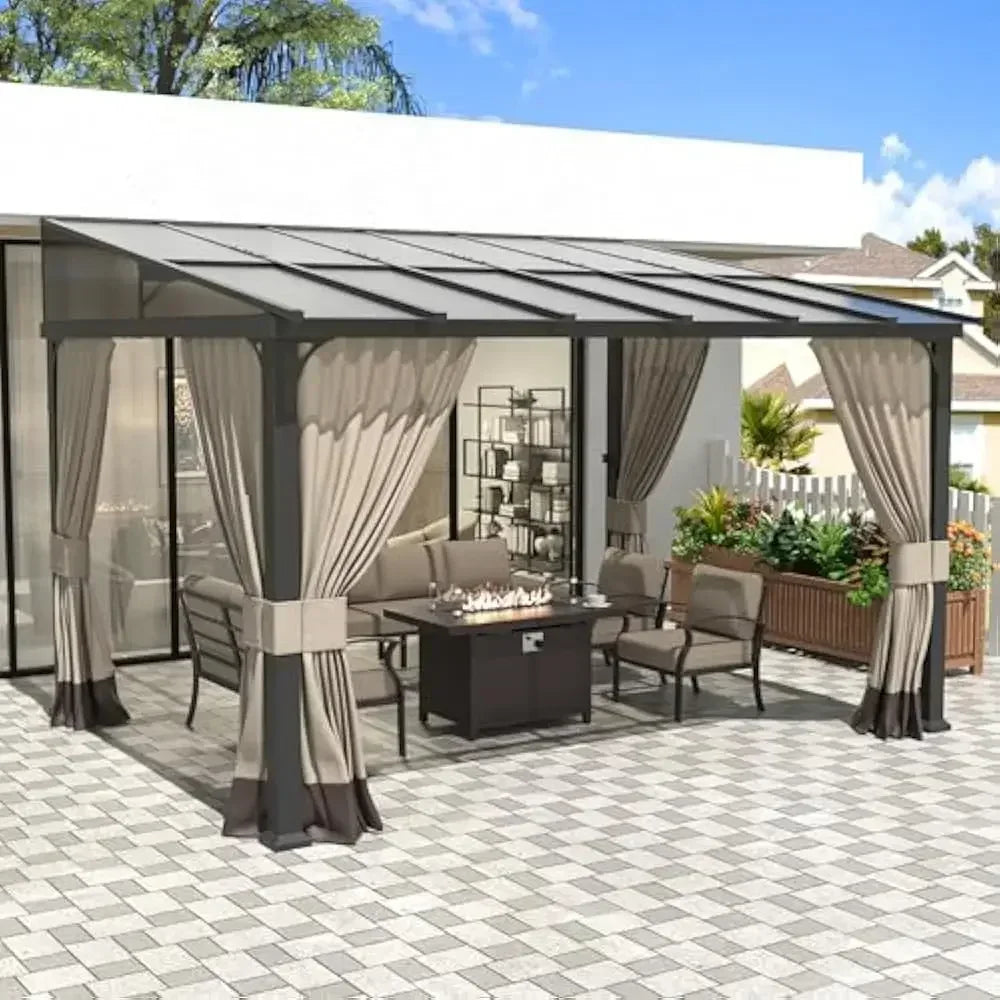 Outdoor Gazebo, Hardtop Wall Mounted Gazebos with Sloping Sun Panel Roof, Double Curtains, Gazebo