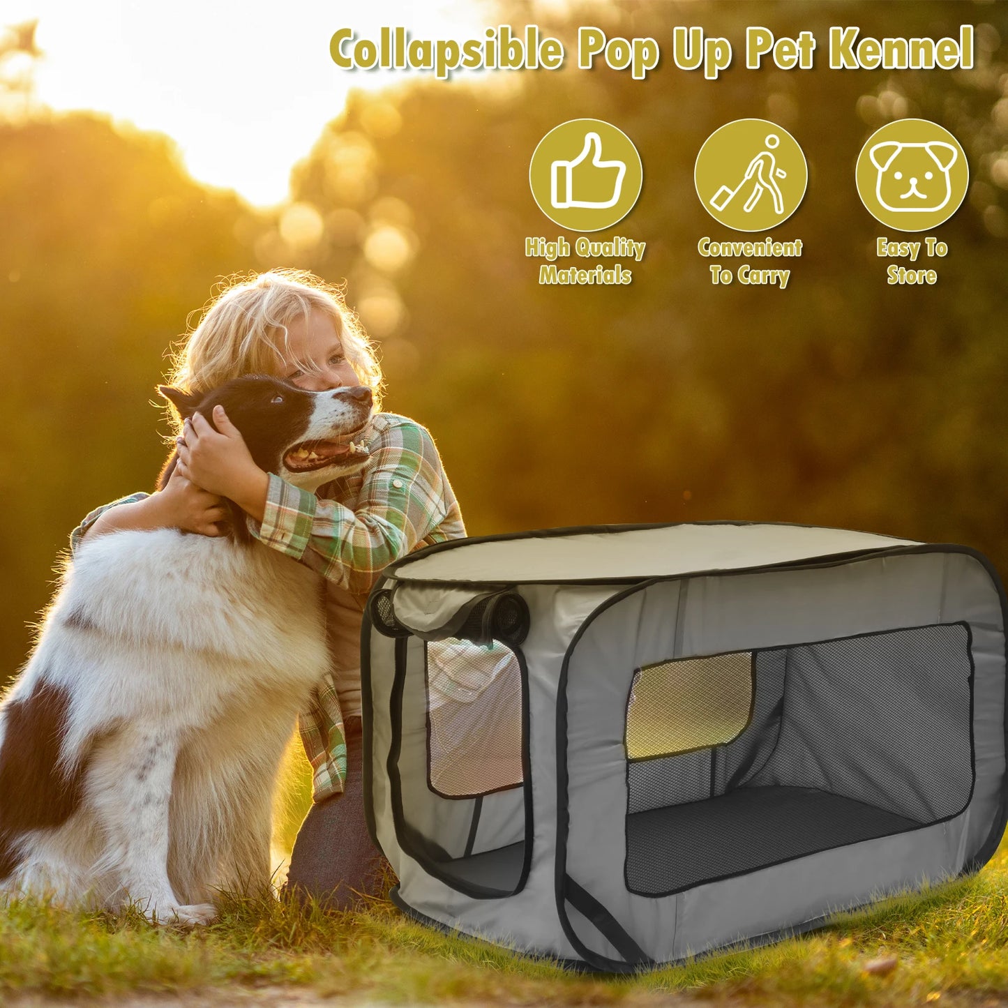 Foldable Portable Pop Up Dog Travel Crate With Zipper Mesh