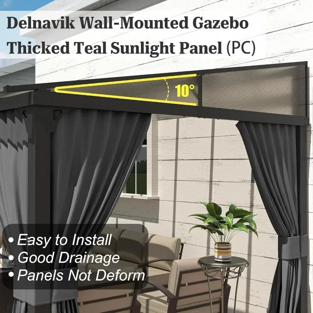 Outdoor Gazebo, Hardtop Wall Mounted Gazebos with Sloping Sun Panel Roof, Double Curtains, Gazebo