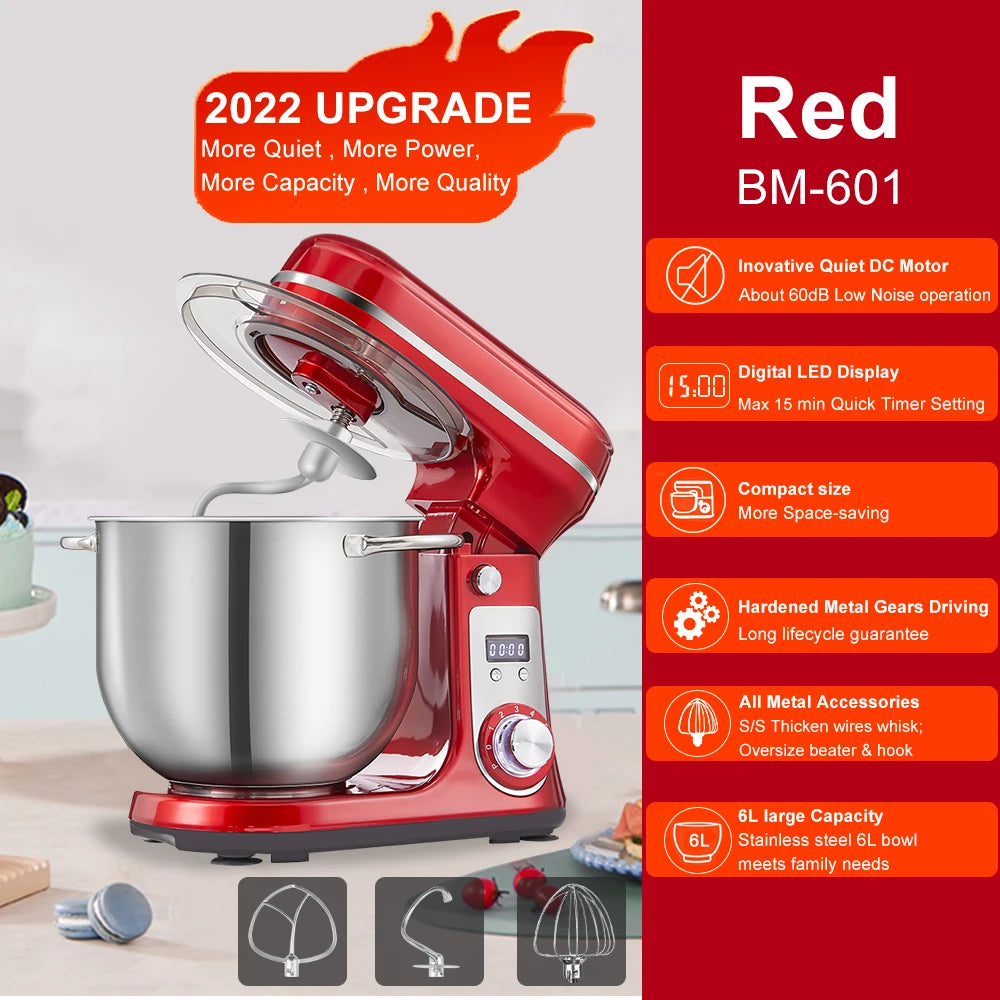 BioloMix Kitchen Food Stand Mixer 1200W 6L Blender with Quiet Motor Cream Egg Whisk and 6 Speed Settings