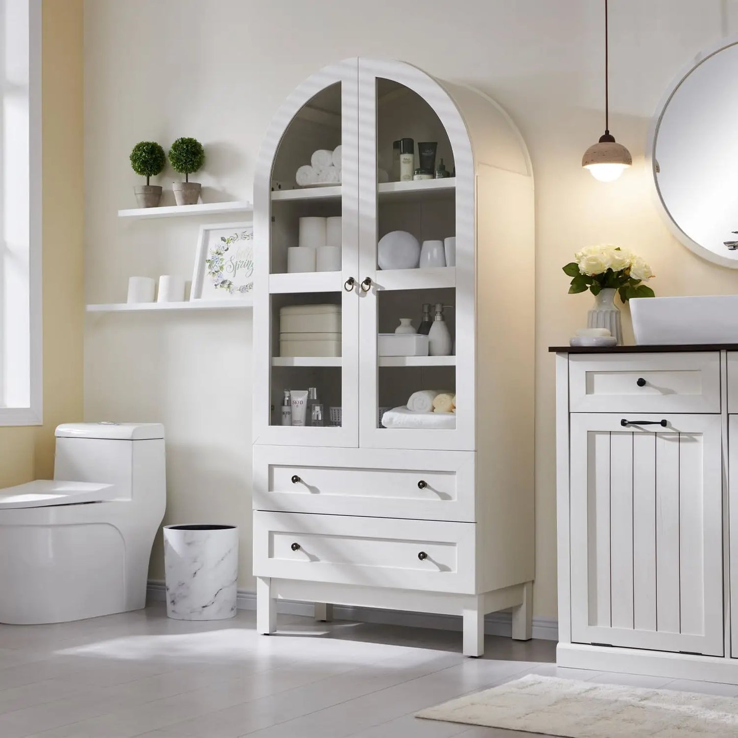 71 Inch Tall Arched Bookshelf with Glass Doors and Drawers