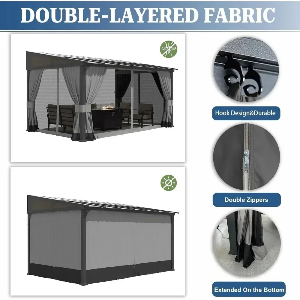 Outdoor Gazebo, Hardtop Wall Mounted Gazebos with Sloping Sun Panel Roof, Double Curtains, Gazebo